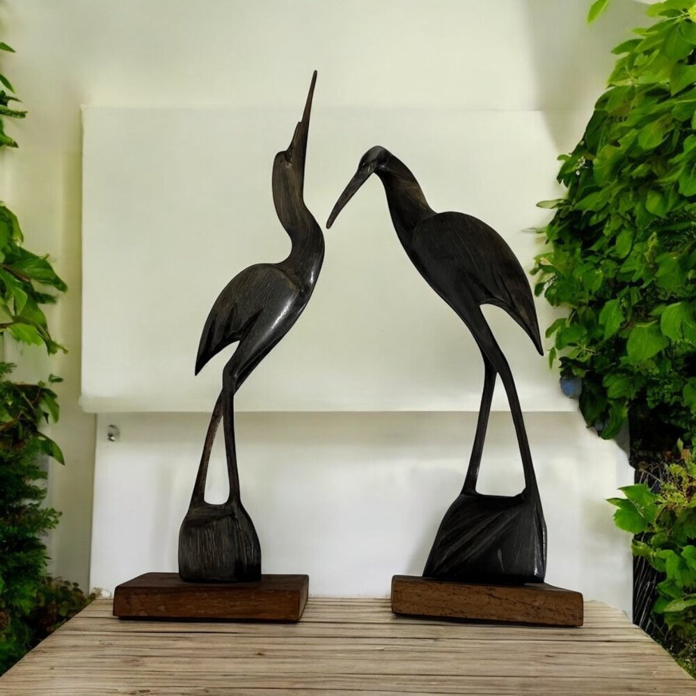 Vintage‎ MCM Hand Carved Wooden 7 " Crane Bird Sculptures On Base